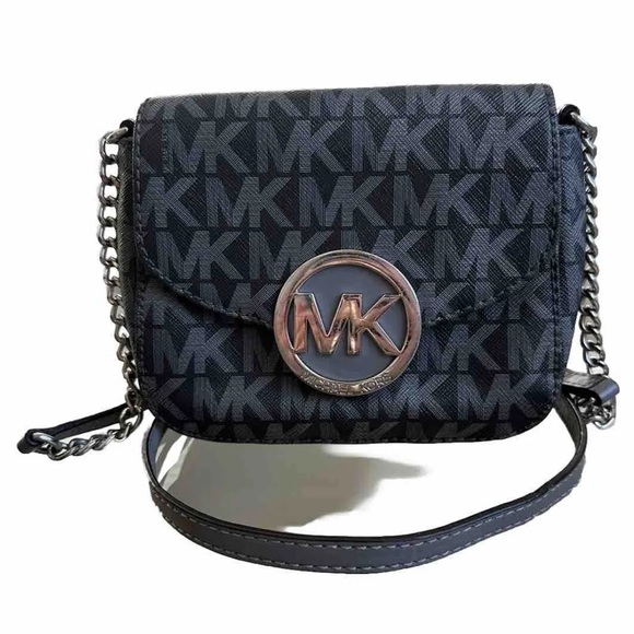 Michael Kors Fulton Black Gray MK Signature Small Crossbody Bag Handbag Purse - Picture 1 of 7